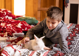 Boy lying on red plaid blanket, gently playing with white rabbit. Christmas decorations around.