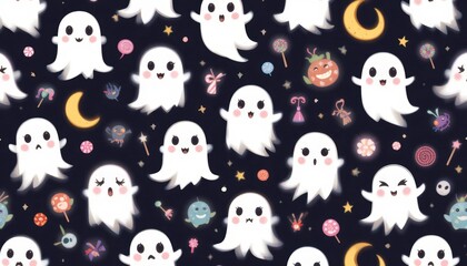 Fototapeta premium Cheerful cute ghosts playfully floating among candy and starry night decorations