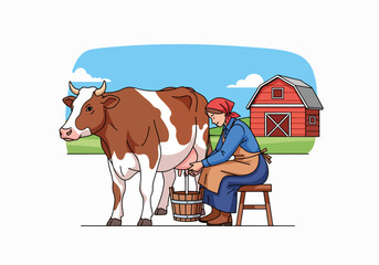 Farmer woman milking cow in countryside, representing rural life and farming practices. Scene shows farmer woman milking cow with barn and blue sky background,