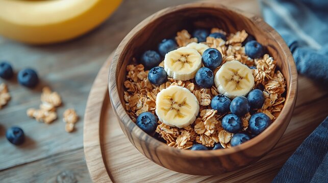 Granola with blueberries and sliced banana on a wooden table - Powered by Adobe