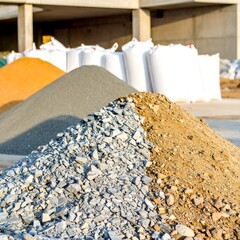 Construction site with piles of various colored aggregates and large bags of material