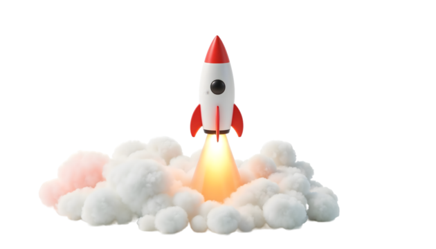 Rocket Launch 3d rendered, isolated on transparent background, Playful 3D Rocket Toy Launching from Puffy Clouds with Warm Glow, Minimalist Red White and Black Spacecraft, High-Resolution 