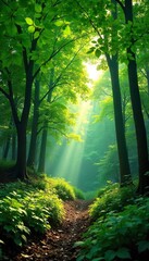 Fototapeta premium Lush green forest canopy in summer, dappled sunlight filtering through leaves, creating a magical atmosphere Perfect for nature, travel, and environmental themes , magical, plants, background