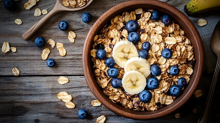 Granola with blueberries and sliced banana on a wooden table