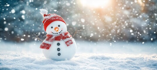 Fototapeta premium Joyful Snowman Celebration in a Winter Wonderland with Sparkling Snowfall and Festive Cheer
