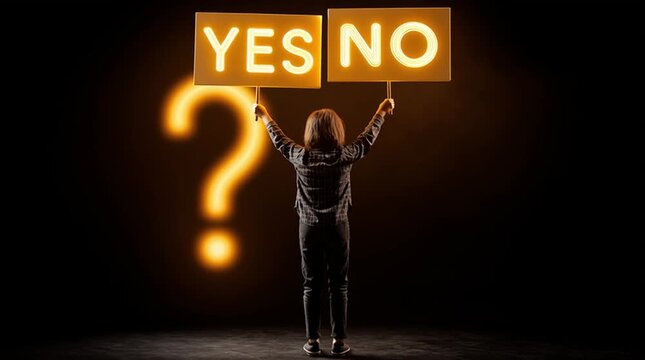 Decision Crossroads: A person stands with illuminated signs displaying YES and NO, against the backdrop of a radiant question mark, symbolizing critical choices and uncertainty. 