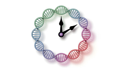 Epigenetic Clock concept A 3D clock face made of a DNA helix, with hands pointing to a biological age.