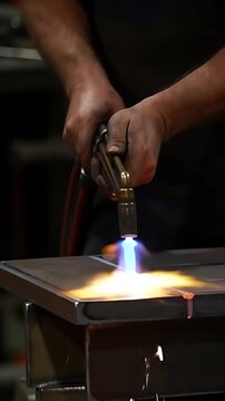 Skilled Boilermakers Hands Precisely Guide a Cutting Torch Along a Chalk Line on a Thick Steel Plate:  Close-up Footage of Metal Fabrication and Welding