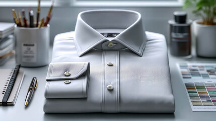 White dress shirt neatly folded on a desk with stationery and color palette in a well-lit workspace environment
