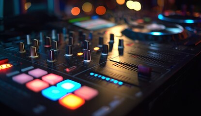 Vibrant photo of close-up shot of the dj's console, showcasing its colorful lights and controller deck, set against an illuminated background. the focus is on the control.