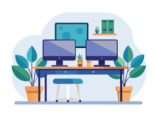 Modern home office setup featuring dual monitors and a comfortable chair
