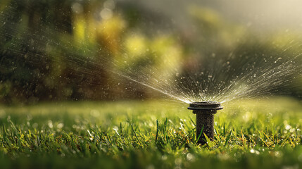 Lawn irrigation with water sprinkler. Close-up of water spraying from a ground-level sprinkler on a sunny day.