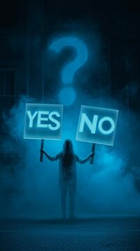 The Crossroads of Choice: A contemplative figure stands at the crossroads of a decision, illuminated by a hazy, enigmatic scene, holding signs declaring 'YES' and 'NO'.