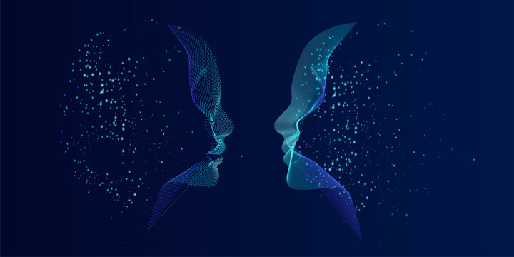 Artificial Intelligence, abstract artistic human head portrait made of dotted particles array, vector software digital visual interface. Digital soul, spirit of technological time.