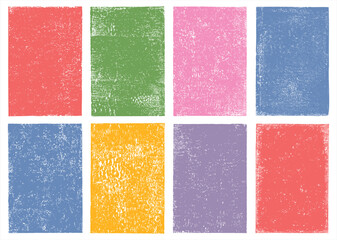 Obraz na płótnie Canvas Grunge distressed rectangles 2:3 set. Linocut, relief printing textured shapes rough textures. Retro vintage backgrounds collection, text frames. Paint roller aged stains, lino ink grungy remains