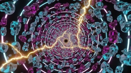 Futuristic digital vortex of concentric neon rings, floating crystals, and a vibrant energy bolt. - Powered by Adobe