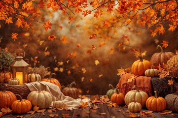 Vibrant autumn scene with falling amber leaves, pumpkins, cozy blankets, lanterns, and wooden decor in warm orange and brown tones, creating a festive, cheerful, and inviting atmosphere.