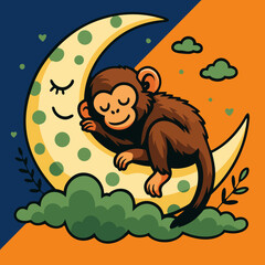 Cute Cartoon Monkey Sleeping on Crescent Moon – Whimsical Night Illustration