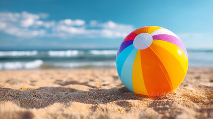 Vibrant and Colorful Beach Ball on Sandy Beach Shoreline Landscape. Ai Generated Images