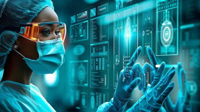 Digital Surgeon: A focused surgeon in a futuristic setting, interacts with glowing digital interfaces, exploring the forefront of medical innovation.