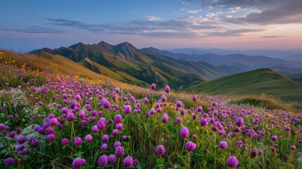 Fototapeta premium Vibrant field of red clover blooms under a colorful sky at sunset in mountain landscape