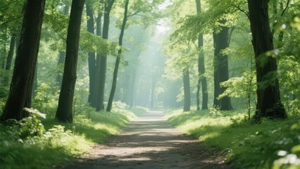 Obraz premium A forest path surrounded by dense trees and vegetation, with mist filling the air, creating a quiet and serene atmosphere.