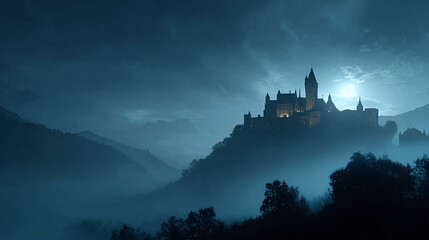 Castle at Night: A majestic fortress bathed in moonlight, perched atop a misty hill, evokes a sense of mystery and timelessness. #CastleView