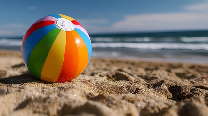 Obraz premium Vibrant Multicolored Beach Ball on Sandy Shoreline Vacation Atmosphere Holiday. Ai Generated Images