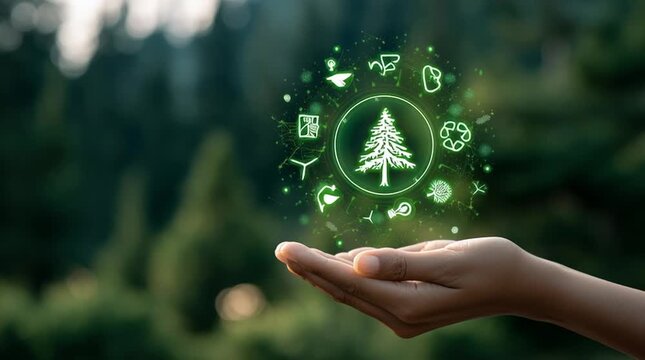 Sustainable Future in Hand: A human hand cradles a luminous, tree-shaped emblem surrounded by glowing environmental icons, symbolizing a commitment to conservation and a vision for a greener planet.