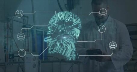 Animation of network of connections with computer circuit board over diverse doctors - Powered by Adobe