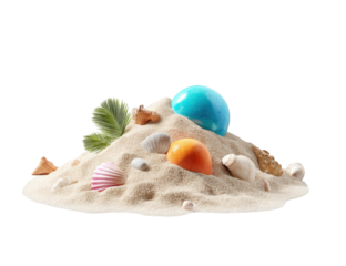 A mound of sand with colorful shells and orbs