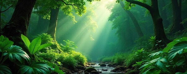 Fototapeta premium Lush green rainforest canopy teeming with life under a summer downpour Sunlight filters through the leaves, illuminating vibrant flora and a damp forest floor , moss, wildlife