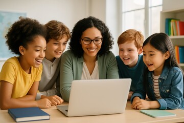 Smiling teacher with diverse group of children learning together on laptop
