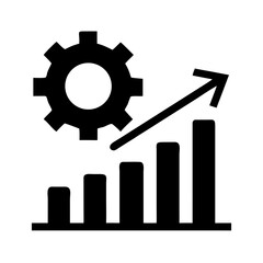 A black gear icon next to an increasing bar chart with an upward pointing arrow on a white background