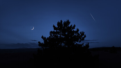 Crescent young Moon with stars, planets and rural countryside tree silhouettes.