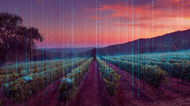 Vineyard rows in digital landscape, agriculture meets technology, dawn sky with mountains, rows of vines fading into the distance, nature, farm.