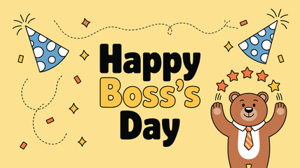 Boss’s Day celebration illustration with cartoon bear in orange-striped tie, party hats, confetti, and bold typography on festive background