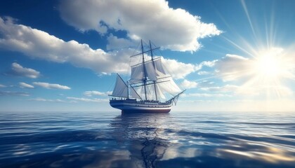 Majestic White Sailing Ship Gracefully Gliding Over Calm Ocean Waters Beneath a Bright Sunny Sky