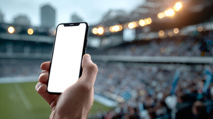 Modern Smartphone Mockup in Hand at Stadium with Crowd Detail View. Ai Generated Images