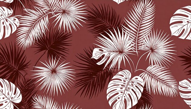 Tropical leaf pattern, maroon background