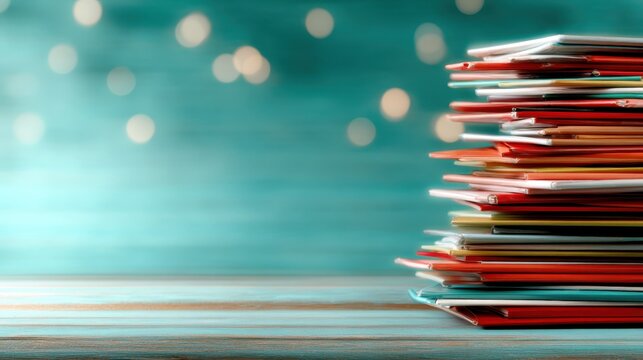 A vibrant stack of organized files stands out beautifully against a shimmering turquoise background, symbolizing creativity and the art of organization.