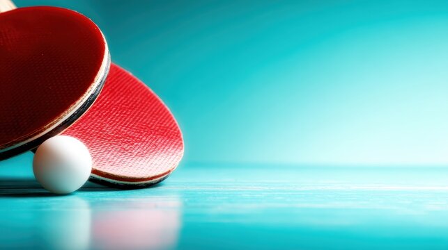 An artistic depiction of a ping pong paddle and ball resting on a smooth turquoise surface, emphasizing dynamic motion and a fun, competitive spirit in sports.