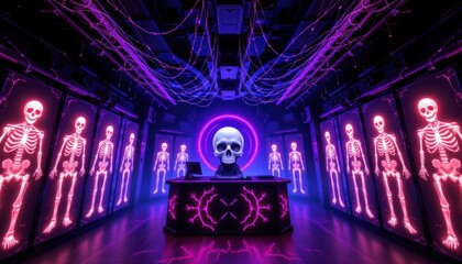 Underground cyber nightclub decorated with glowing skeleton projections across walls