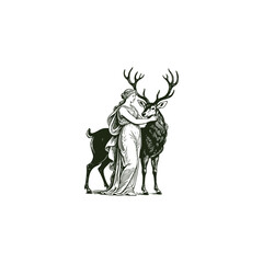 Engraved vintage illustration of a graceful woman with a flowing dress standing beside a majestic deer with large antlers, classic mythology style