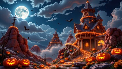 A surreal floating island of candy corn cliffs glowing under moonlight