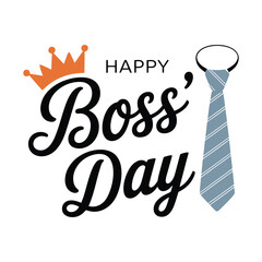 Boss’s Day greeting design with orange crown, blue striped necktie, and decorative typography on clean background for workplace appreciation