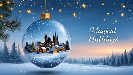 Glass christmas ball ornament containing snowy village scene hanging on pine tree branch against twilight sky with stars and magical holidays text overlay - Powered by Adobe