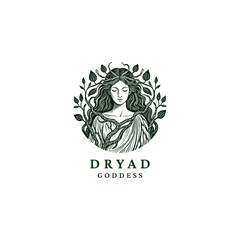 Engraved logo of a mystical woman with horns, surrounded by leaves and roots, symbol of forest goddess and nature spirit