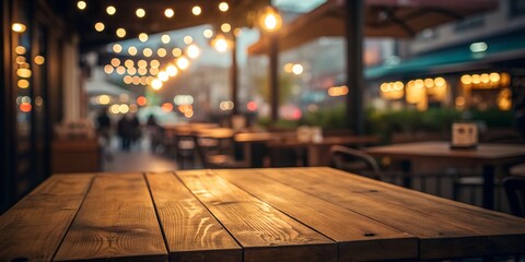 Empty Wooden Table at an Outdoor Cafe with Blurred Background