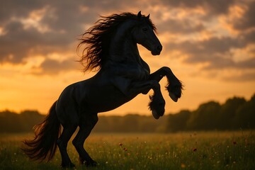 Majestic Black Friesian Stallion Rearing in a Golden Hour Meadow